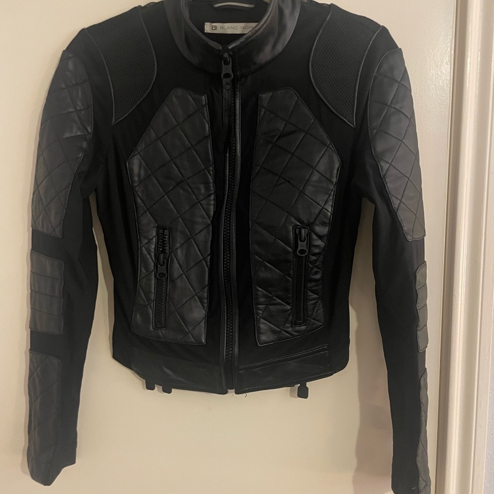 Blanc Noir Black Leather Jacket with Stand-Up Collar